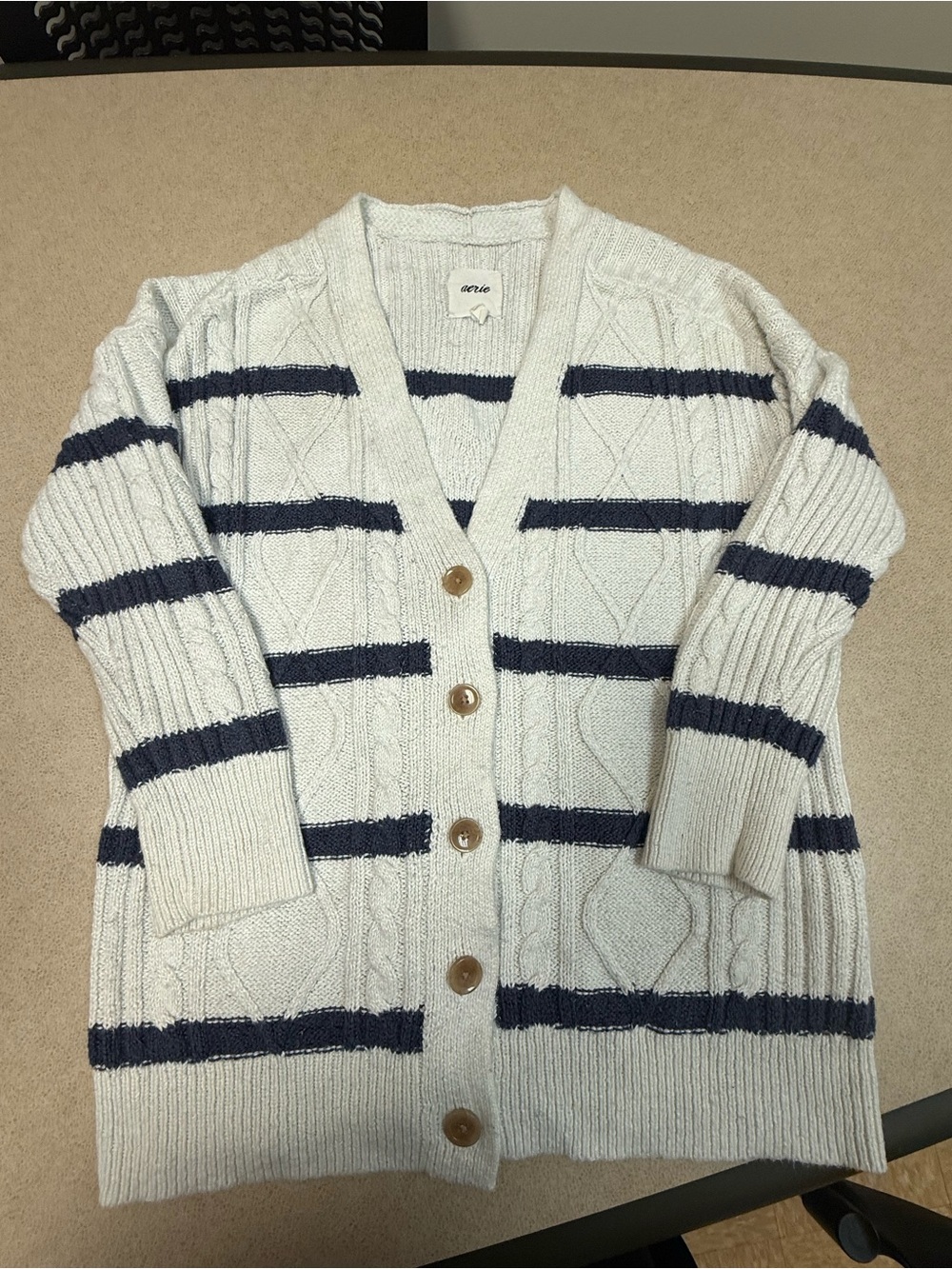 aerie Men's Cream Cardigan with Navy Stripes